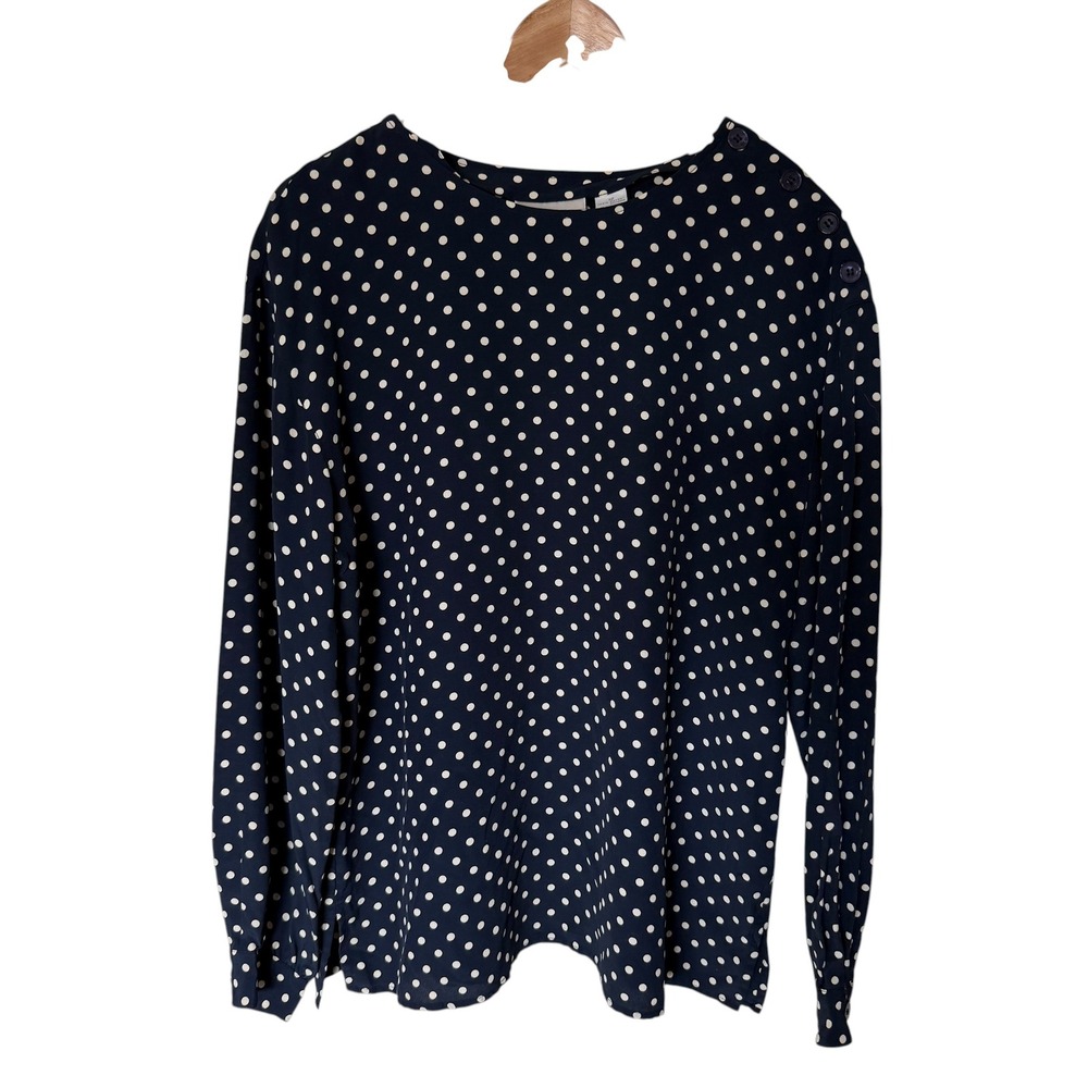 Liz Claiborne Blouse Womens 12 Navy Blue Polka Dot vintage Button Shoulder Top